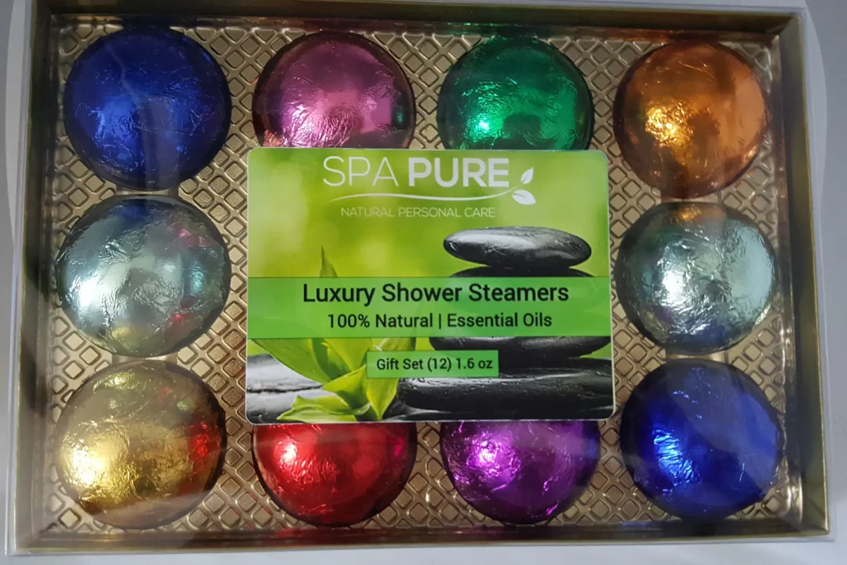 Gift Set with 12 Aromatherapy Shower Bombs - 100% Essential Oil Blends - foil wrapped 1.6 oz each - Image 1