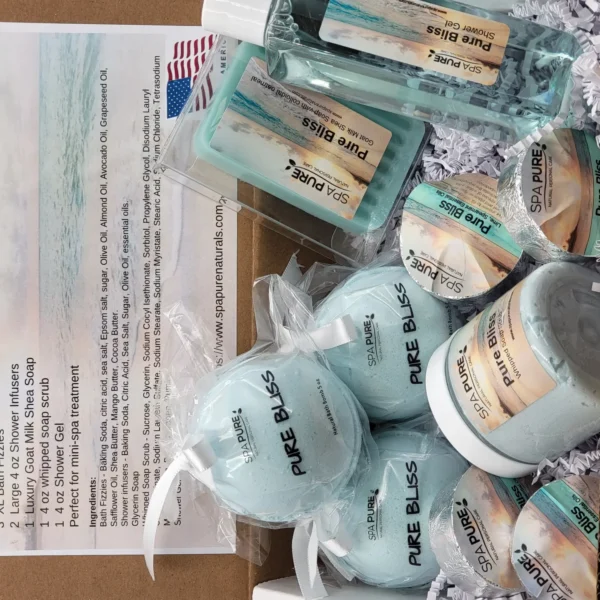Spa Pure Luxury Spa Kit - Pure Bliss - 3 XL Bath Fizzies, 3 Shower Steamers, 4 oz whipped soap scrub, 4 oz shower gel, Perfect for a mini-spa treatment.