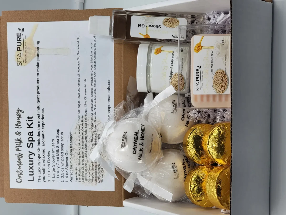 Spa Pure Luxury Spa Kit = Oatmeal, Milk & Honey, Gift for Mom, Pampering Gift Set, Bath Fizzies, Shower Steamers, Whipped Soap Scrub, Shower gel - Image 2
