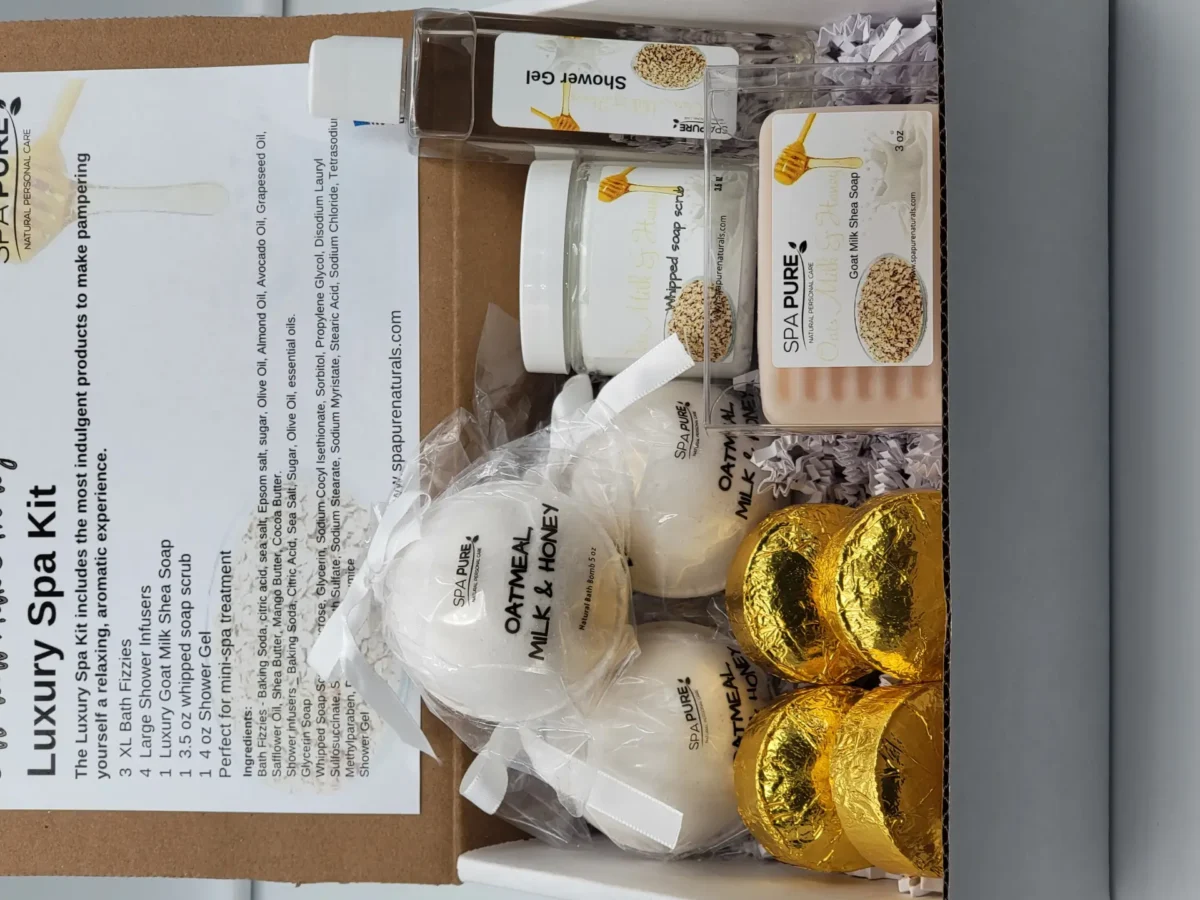 Spa Pure Luxury Spa Kit = Oatmeal, Milk & Honey, Gift for Mom, Pampering Gift Set, Bath Fizzies, Shower Steamers, Whipped Soap Scrub, Shower gel - Image 3