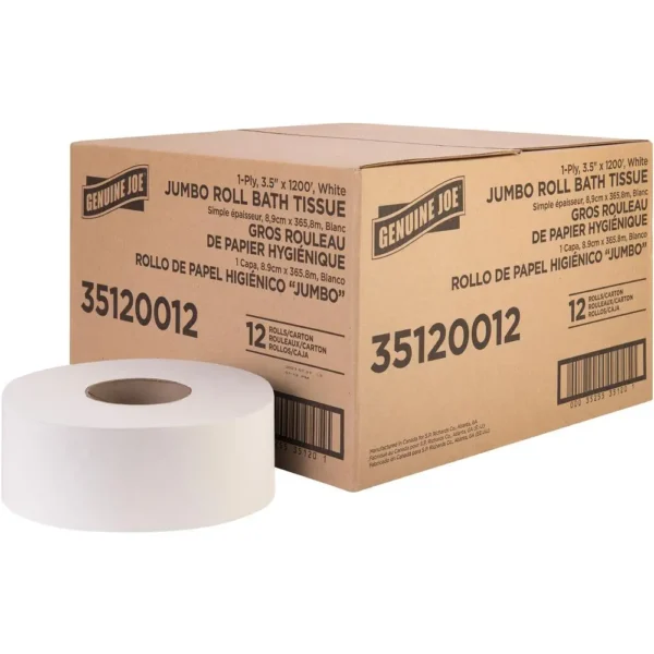 Genuine Joe 1-ply Jumbo Roll Bath Tissue - 1 Ply - 3.63" x 1200 ft - 8.88" Roll Diameter - White - Fiber - 12 / Carton
