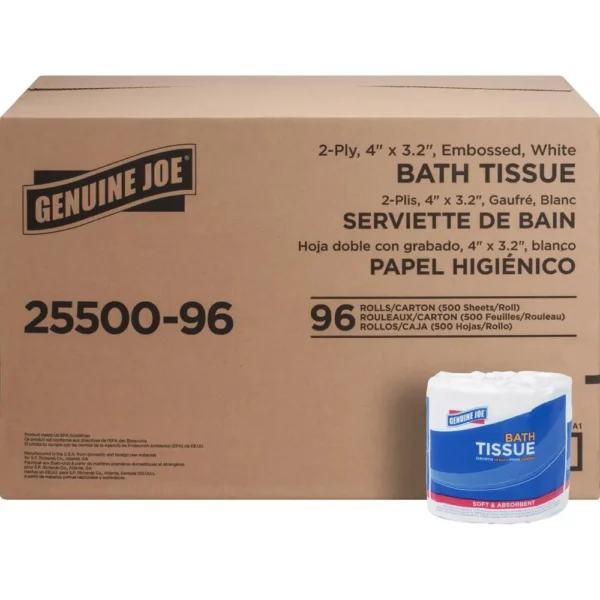 Genuine Joe 2-ply Standard Bath Tissue Rolls - 2 Ply - 4" x 3.20" - 500 Sheets/Roll - 1.63" Core - White - 96 / Carton