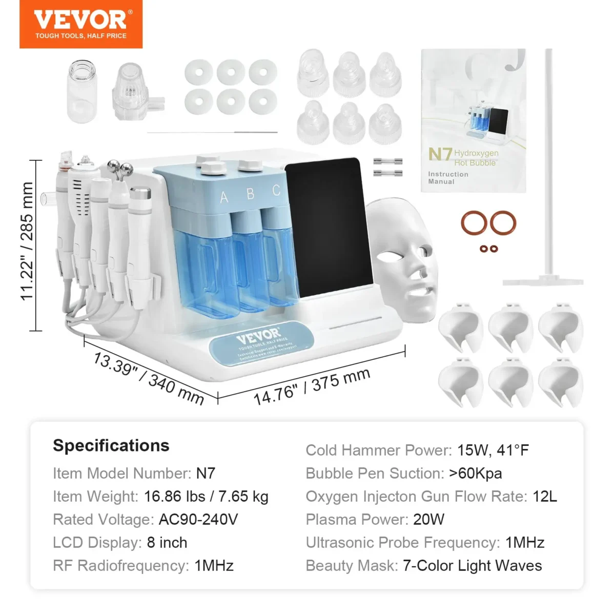 VEVOR 8 in 1 Hydrogen Oxygen Facial Machine, Professional Hydrafacial Machine for Spa, Hydro Facial Cleansing Rejuvenation Machine with 8 in LCD Screen, Microcurrent Probe, Bipolar RF Radiofrequency - Image 6