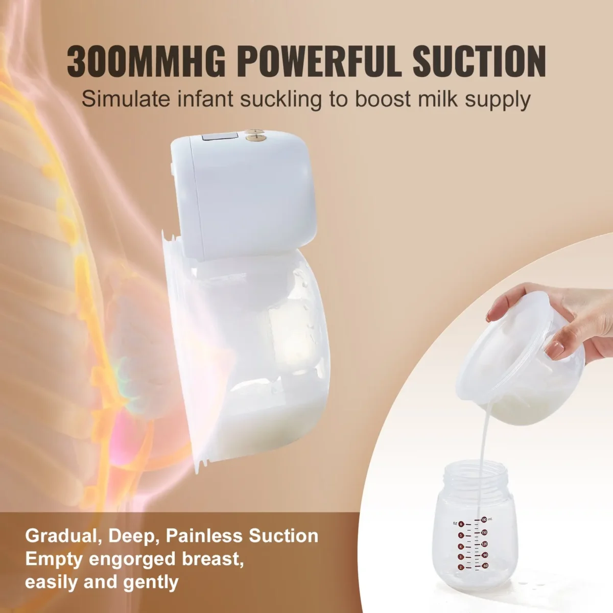 VEVOR Breast Pump, Wearable Electric Breast Pumps Hands Free, 4 Mode & 12 Levels, 300mmHg Strong Suction, Ultra-Quiet Rechargeable Portable Breastfeeding Pump with LED Display, 24mm Insert/28mm Flange - Image 2