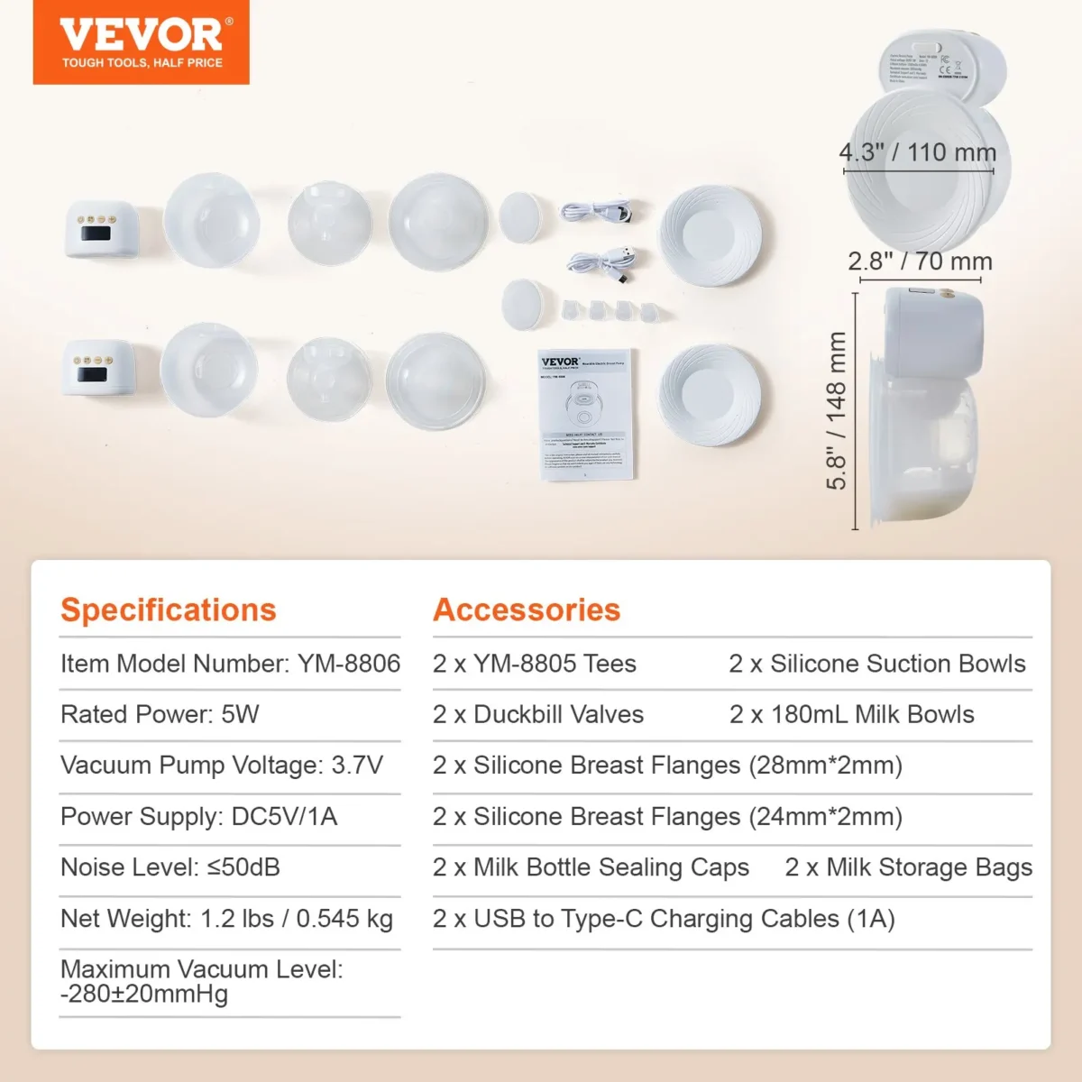 VEVOR Breast Pump, Wearable Electric Breast Pumps Hands Free, 4 Mode & 12 Levels, 300mmHg Strong Suction, Ultra-Quiet Rechargeable Portable Breastfeeding Pump with LED Display, 24mm Insert/28mm Flange - Image 6