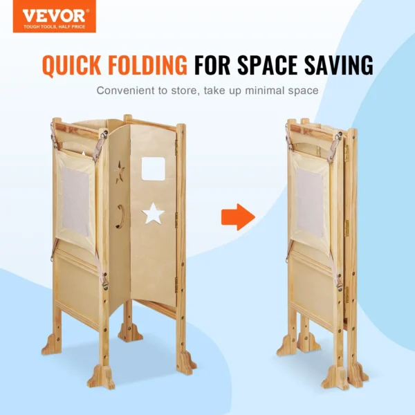 VEVOR Tower Step Stool, Foldable Toddler Kitchen Stool Helper, 3-Level Adjustable Height Toddler Step Stools with Safety Net, Solid Wood Kids Standing Tower Learning Stool for Kitchen Bedroom Bathroom