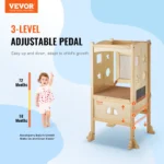VEVOR Tower Step Stool, Foldable Toddler Kitchen Stool Helper, 3-Level Adjustable Height Toddler Step Stools with Safety Net, Solid Wood Kids Standing Tower Learning Stool for Kitchen Bedroom Bathroom - Image 2