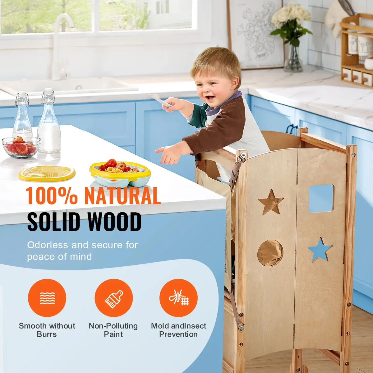 VEVOR Tower Step Stool, Foldable Toddler Kitchen Stool Helper, 3-Level Adjustable Height Toddler Step Stools with Safety Net, Solid Wood Kids Standing Tower Learning Stool for Kitchen Bedroom Bathroom - Image 3
