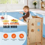 VEVOR Tower Step Stool, Foldable Toddler Kitchen Stool Helper, 3-Level Adjustable Height Toddler Step Stools with Safety Net, Solid Wood Kids Standing Tower Learning Stool for Kitchen Bedroom Bathroom - Image 3