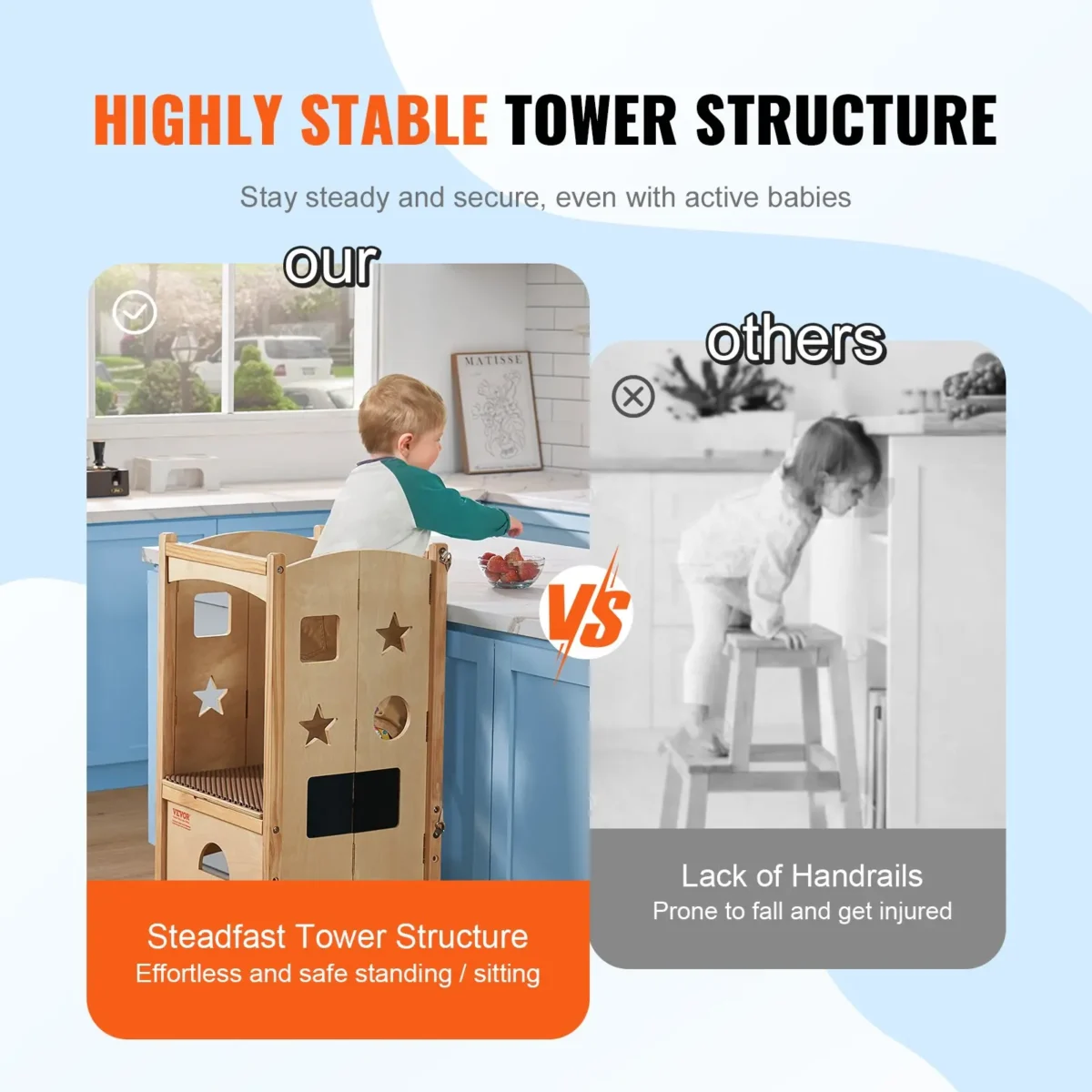 VEVOR Tower Step Stool, Foldable Toddler Kitchen Stool Helper, 3-Level Adjustable Height Toddler Step Stools with Safety Net, Solid Wood Kids Standing Tower Learning Stool for Kitchen Bedroom Bathroom - Image 4