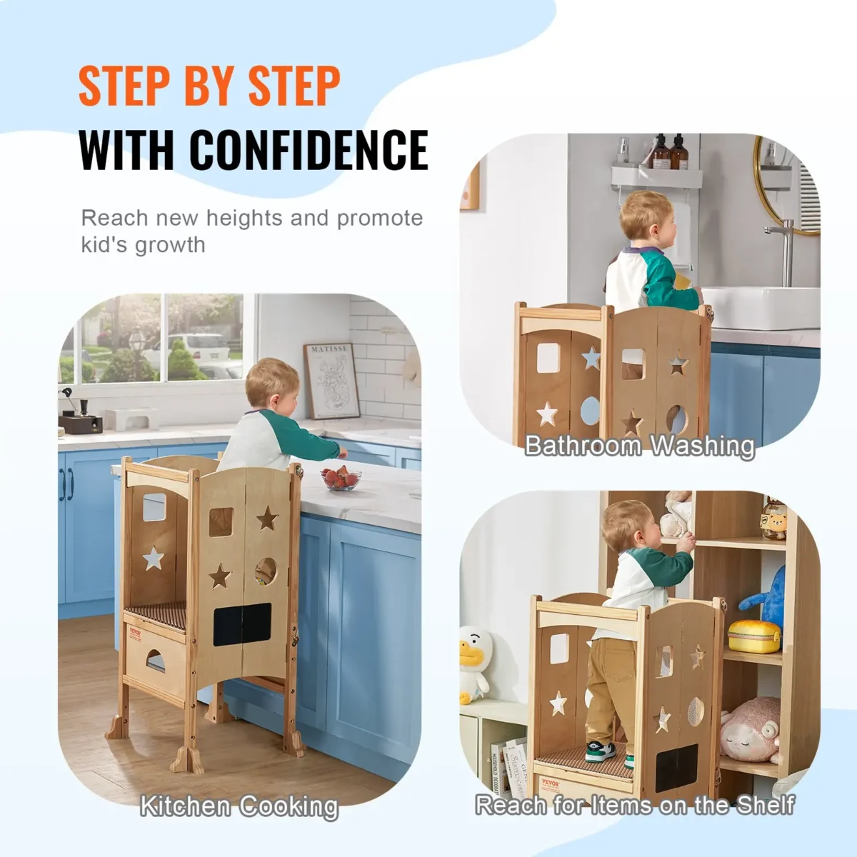 VEVOR Tower Step Stool, Foldable Toddler Kitchen Stool Helper, 3-Level Adjustable Height Toddler Step Stools with Safety Net, Solid Wood Kids Standing Tower Learning Stool for Kitchen Bedroom Bathroom - Image 5
