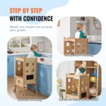 VEVOR Tower Step Stool, Foldable Toddler Kitchen Stool Helper, 3-Level Adjustable Height Toddler Step Stools with Safety Net, Solid Wood Kids Standing Tower Learning Stool for Kitchen Bedroom Bathroom - Image 5