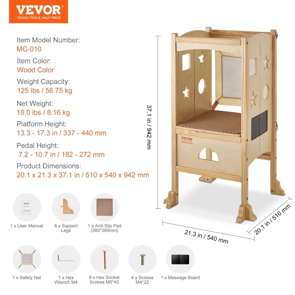 VEVOR Tower Step Stool, Foldable Toddler Kitchen Stool Helper, 3-Level Adjustable Height Toddler Step Stools with Safety Net, Solid Wood Kids Standing Tower Learning Stool for Kitchen Bedroom Bathroom - Image 6