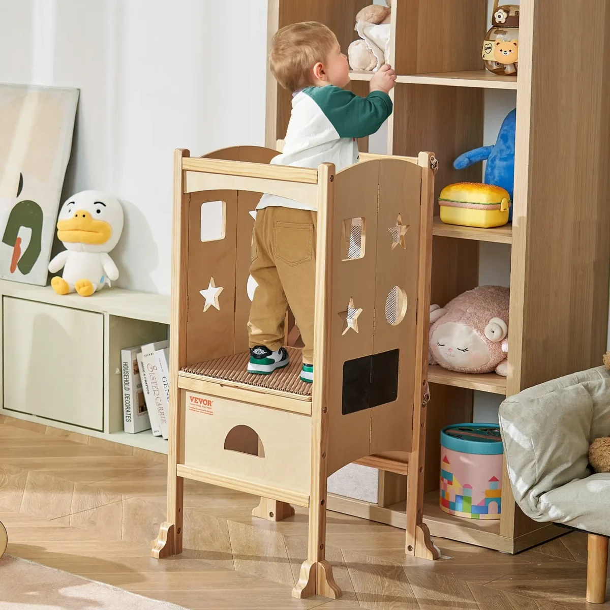 VEVOR Tower Step Stool, Foldable Toddler Kitchen Stool Helper, 3-Level Adjustable Height Toddler Step Stools with Safety Net, Solid Wood Kids Standing Tower Learning Stool for Kitchen Bedroom Bathroom - Image 7