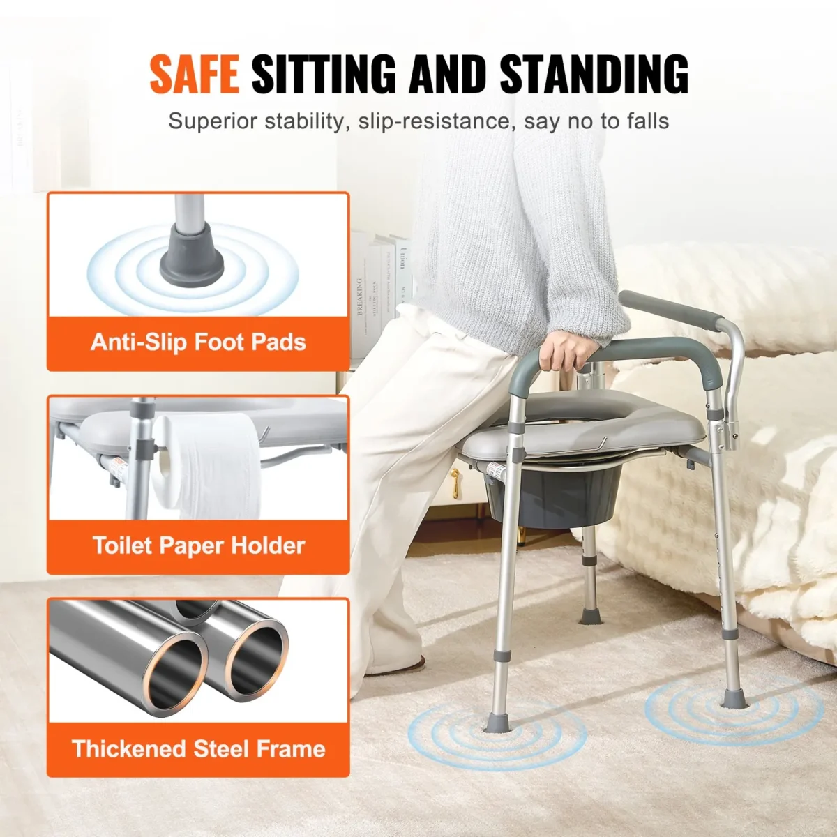 VEVOR Commode Chair, Bedside Commode with Padded Seat and Arms, 7-Level Adjustable Height, 5.8L Removable Bucket, Easy to Assemble, 350 LBS Capacity, Raised Toilet Seat for Adults Seniors - Image 2