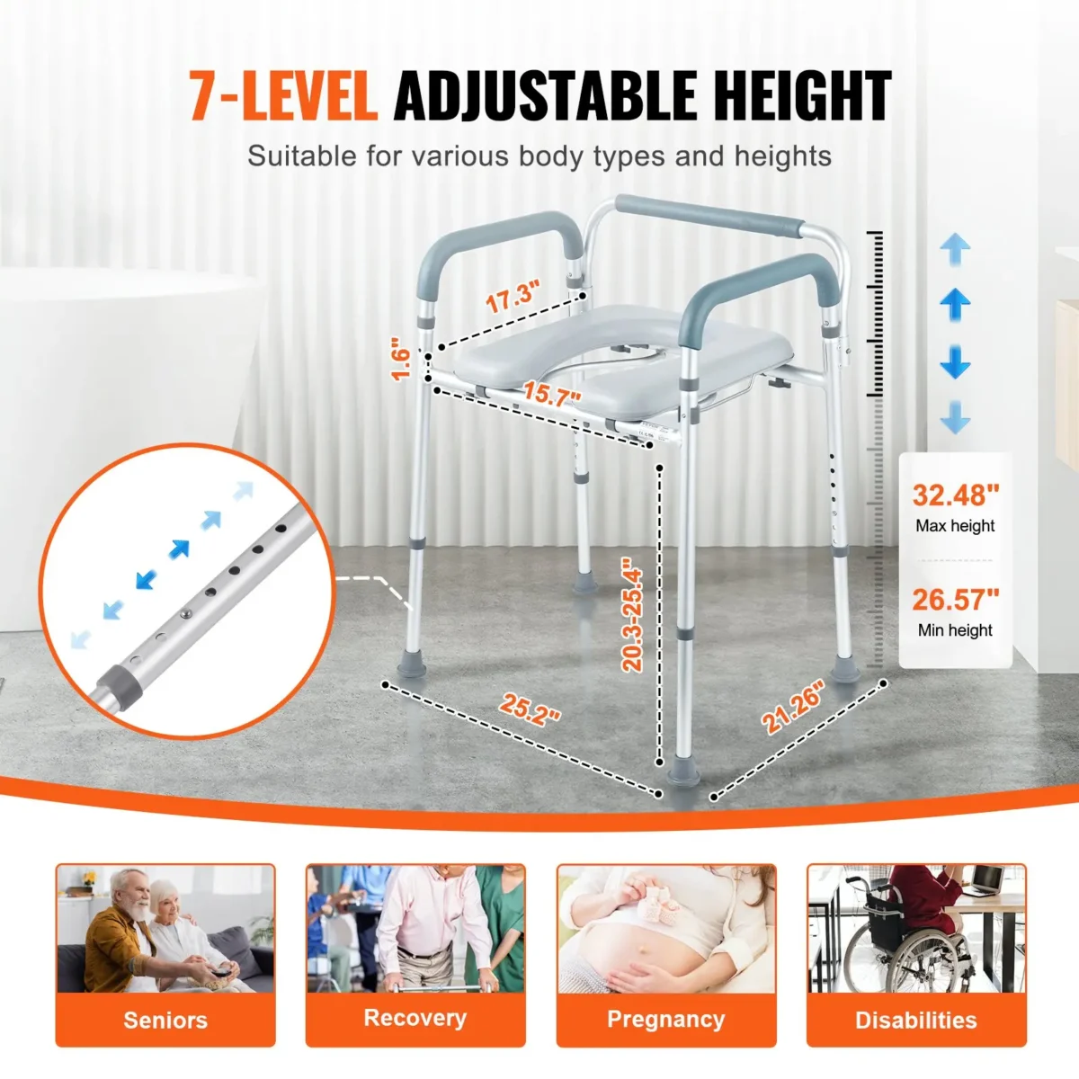 VEVOR Commode Chair, Bedside Commode with Padded Seat and Arms, 7-Level Adjustable Height, 5.8L Removable Bucket, Easy to Assemble, 350 LBS Capacity, Raised Toilet Seat for Adults Seniors - Image 3