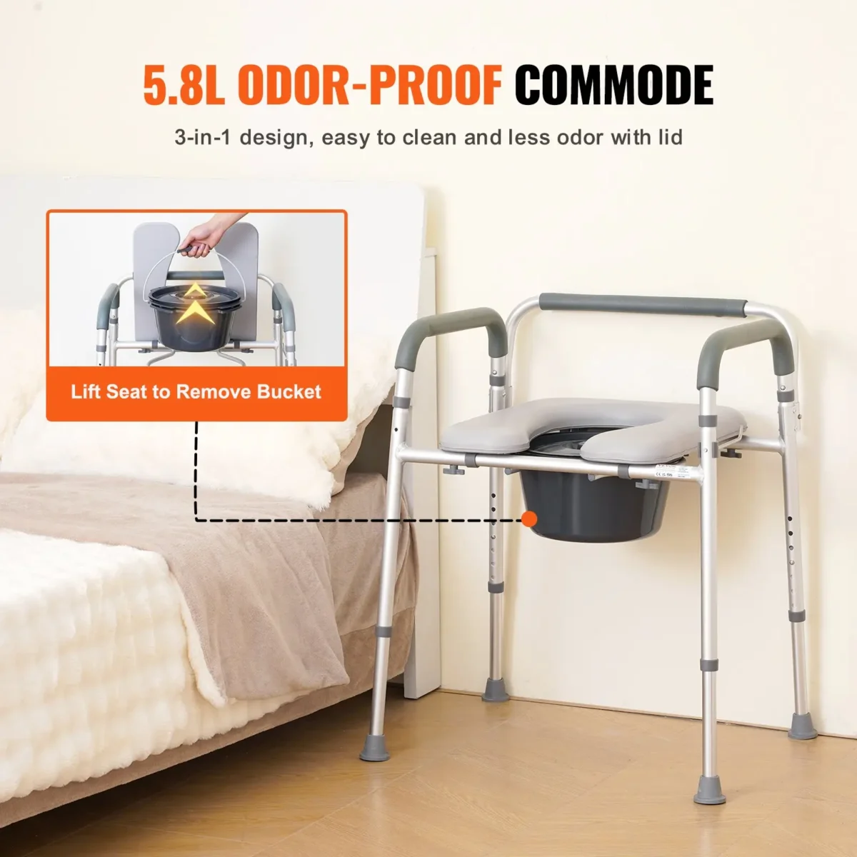 VEVOR Commode Chair, Bedside Commode with Padded Seat and Arms, 7-Level Adjustable Height, 5.8L Removable Bucket, Easy to Assemble, 350 LBS Capacity, Raised Toilet Seat for Adults Seniors - Image 5