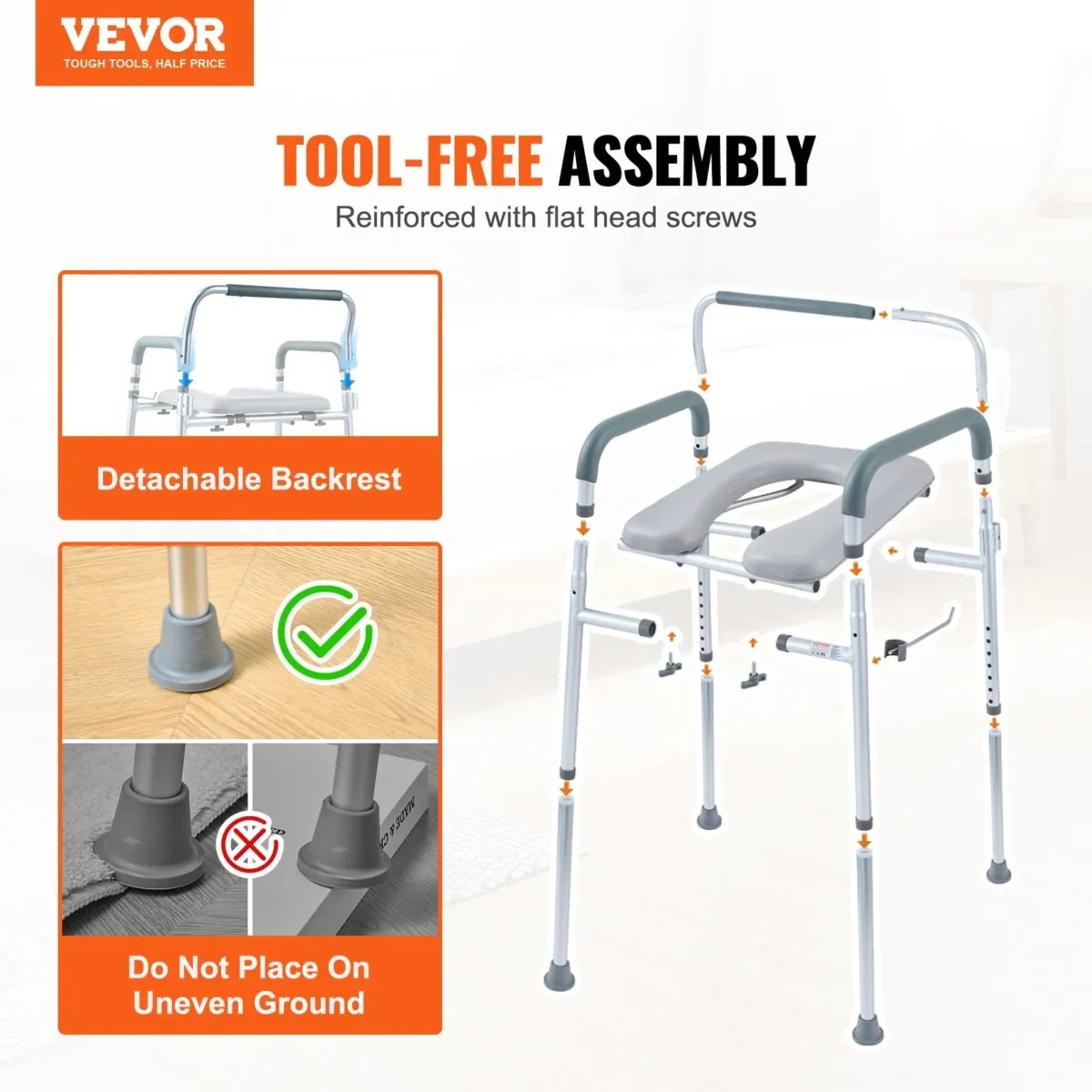 VEVOR Commode Chair, Bedside Commode with Padded Seat and Arms, 7-Level Adjustable Height, 5.8L Removable Bucket, Easy to Assemble, 350 LBS Capacity, Raised Toilet Seat for Adults Seniors - Image 6