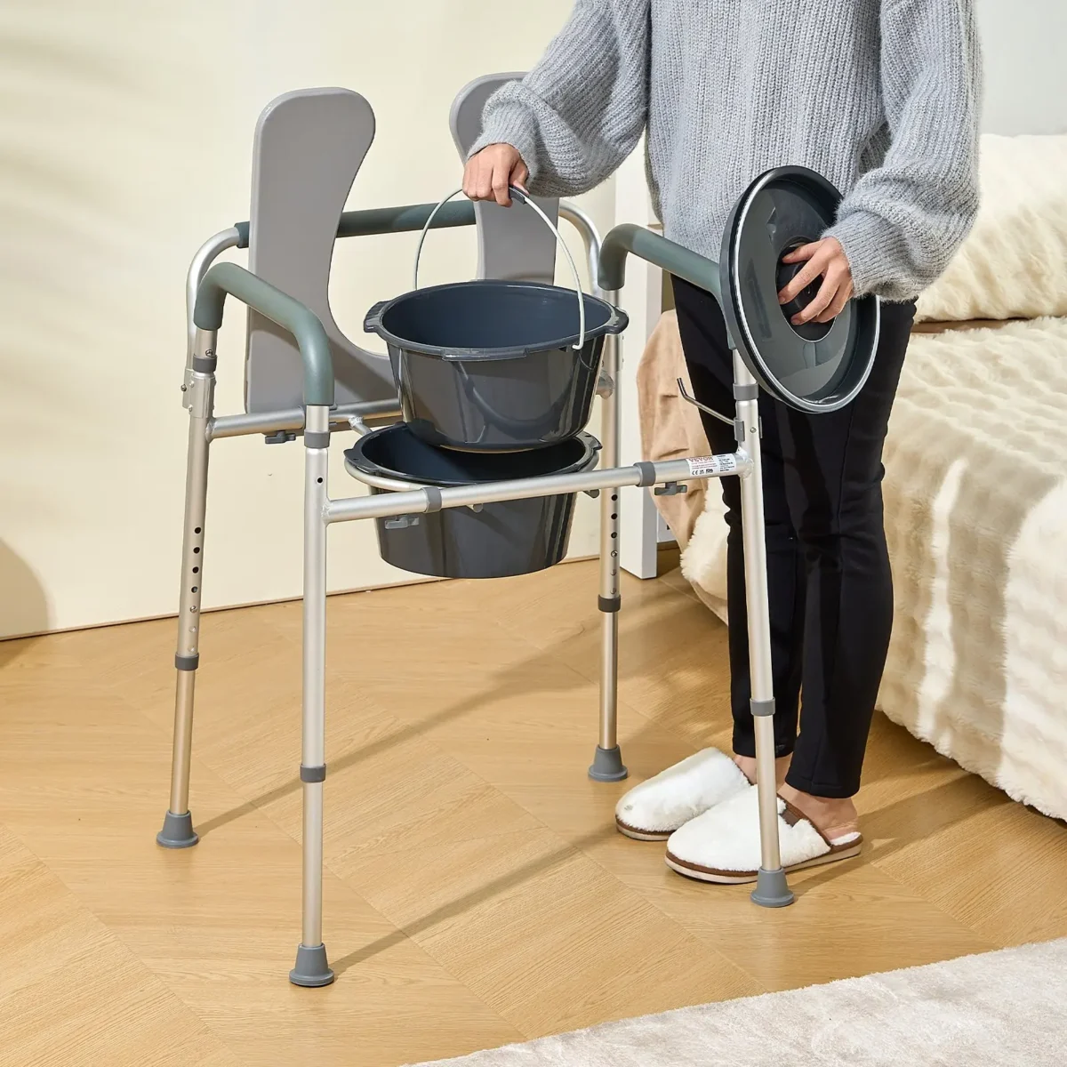 VEVOR Commode Chair, Bedside Commode with Padded Seat and Arms, 7-Level Adjustable Height, 5.8L Removable Bucket, Easy to Assemble, 350 LBS Capacity, Raised Toilet Seat for Adults Seniors - Image 7