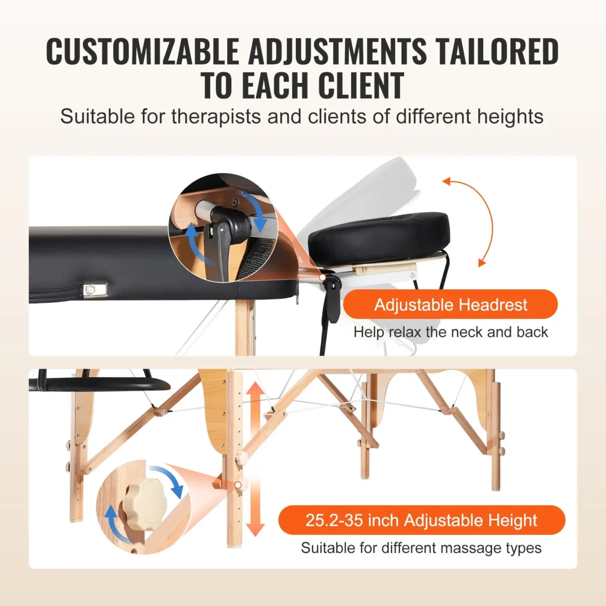 VEVOR Professional Wide Massage Table 30" W, Heavy Duty Folding Massage Table, 8-Level Height Adjustable Facial Salon Tattoo Bed, Portable Spa Table with Headrest, Hand Pallet & Carrying Bag, 750LBS - Image 14