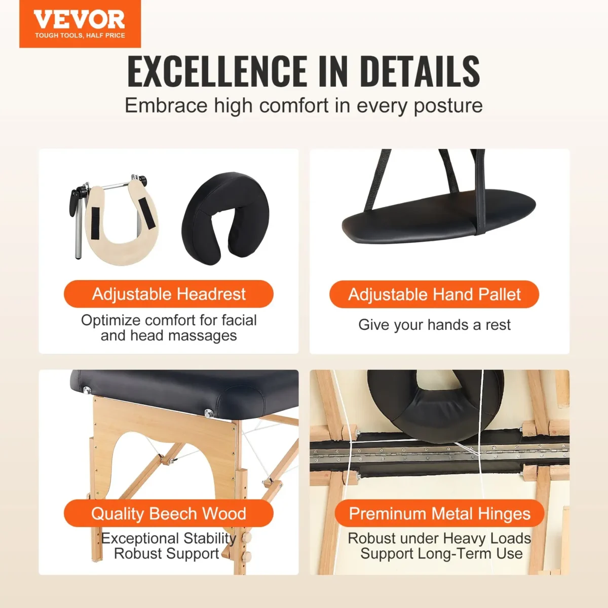 VEVOR Professional Wide Massage Table 30" W, Heavy Duty Folding Massage Table, 8-Level Height Adjustable Facial Salon Tattoo Bed, Portable Spa Table with Headrest, Hand Pallet & Carrying Bag, 750LBS - Image 16