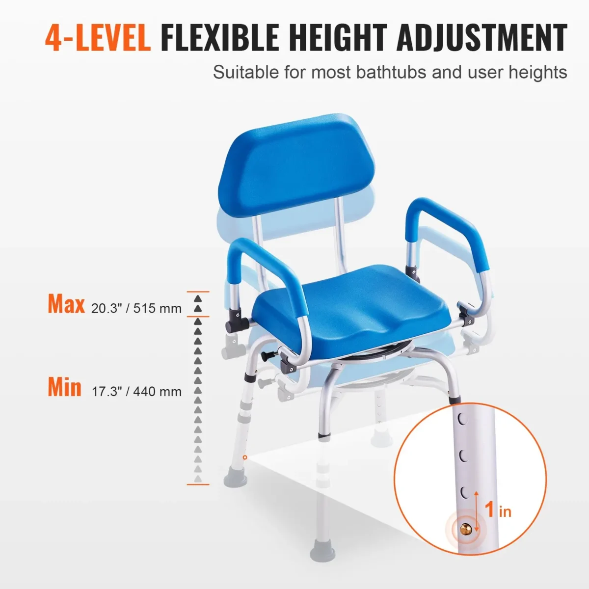 VEVOR Swivel Shower Chair 360 Degree, Adjustable Shower Seat with Pivoting Arms & Padded Bath Seat for Inside Shower or Tub, Non-Slip Rotating Bathtub Chair for Elderly Disabled, 300LBS Capacity - Image 4