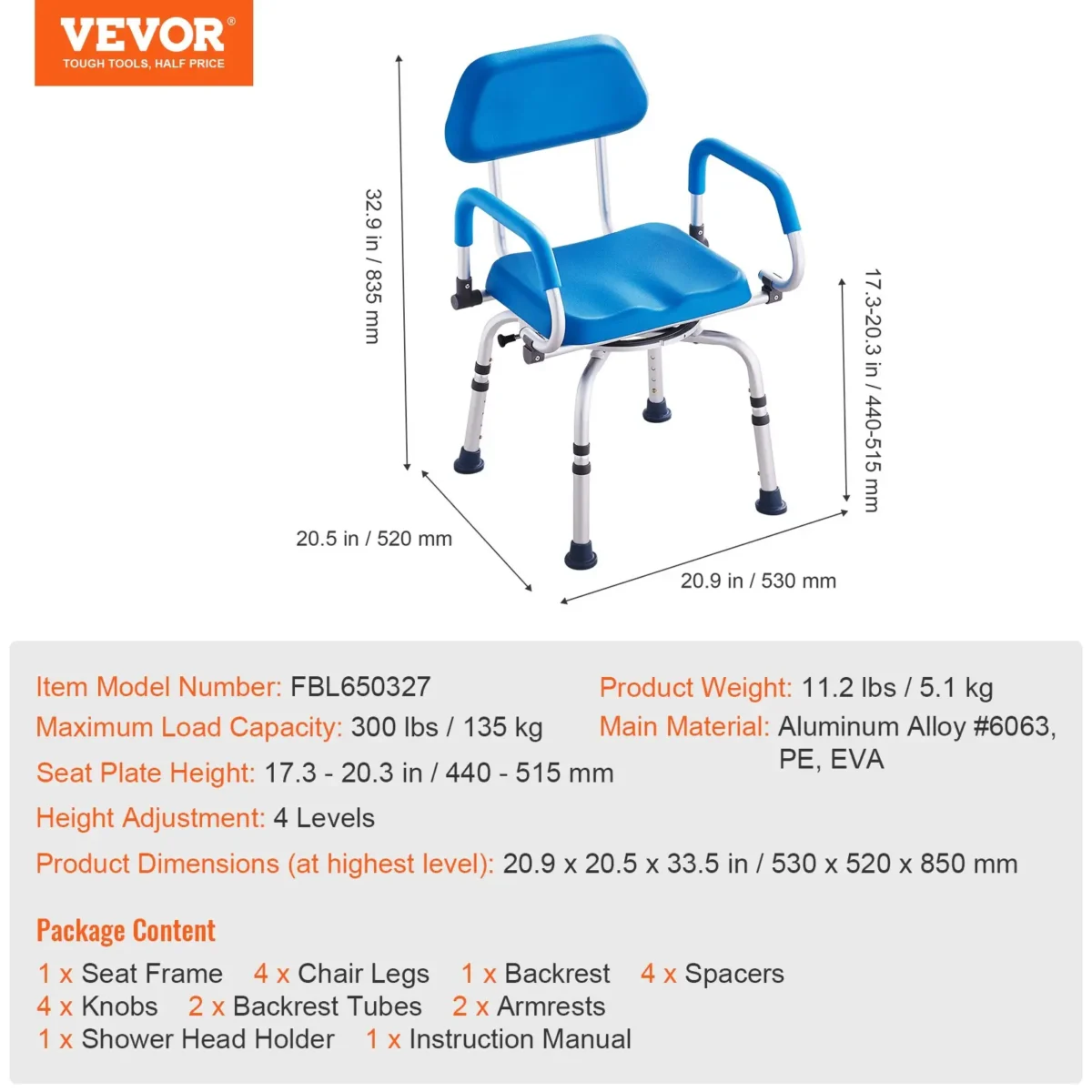 VEVOR Swivel Shower Chair 360 Degree, Adjustable Shower Seat with Pivoting Arms & Padded Bath Seat for Inside Shower or Tub, Non-Slip Rotating Bathtub Chair for Elderly Disabled, 300LBS Capacity - Image 6