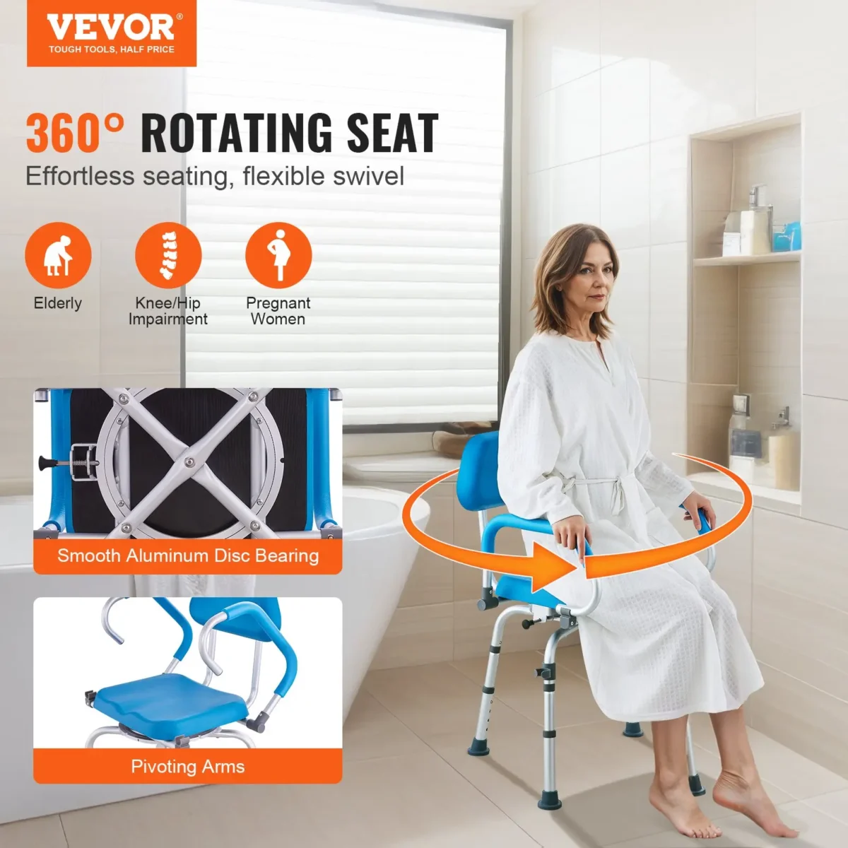 VEVOR Swivel Shower Chair 360 Degree, Adjustable Shower Seat with Pivoting Arms & Padded Bath Seat for Inside Shower or Tub, Non-Slip Rotating Bathtub Chair for Elderly Disabled, 300LBS Capacity - Image 11