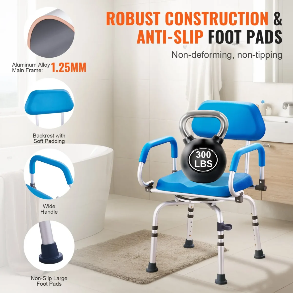 VEVOR Swivel Shower Chair 360 Degree, Adjustable Shower Seat with Pivoting Arms & Padded Bath Seat for Inside Shower or Tub, Non-Slip Rotating Bathtub Chair for Elderly Disabled, 300LBS Capacity - Image 13
