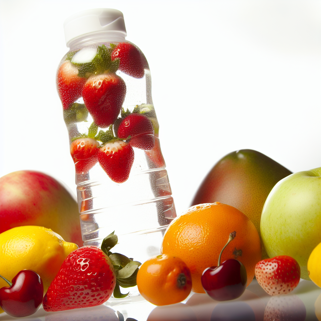 Crystal-clear water bottle amidst vibrant fruits.